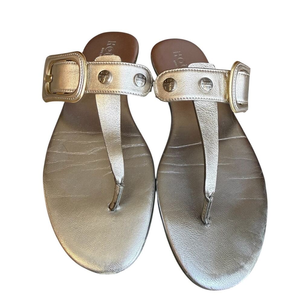 Hogan Buckle Detail Thong Flat Leather Sandals Metallic Silver 36.5